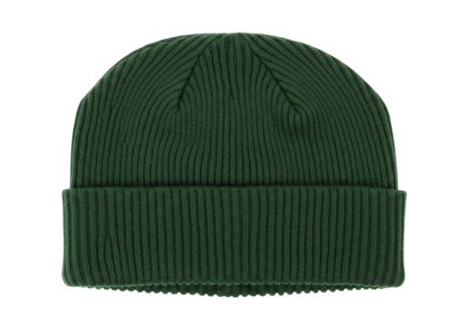 Isolated green ribbed knit beanie hat for winter weather, warm wool cap, fashion apparel
