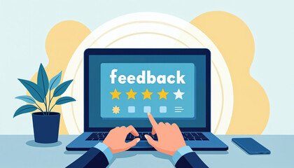 Hands type feedback on laptop. Online review, rating system illustration. Stars show satisfaction levels. Business person rates service. Employee engagement boosts performance, analysis. Technology