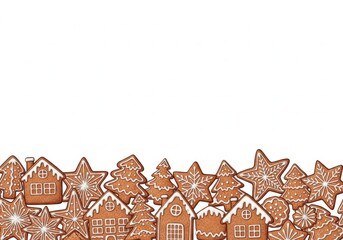 Assortment of festive gingerbread cookies in various shapes like houses and stars, arranged along the bottom edge on a white background