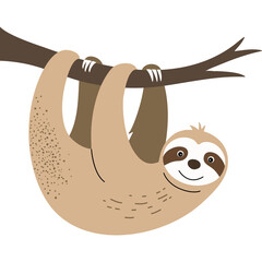 Naklejka premium Cute cartoon sloth hanging from a brown tree branch on a transparent white background with a happy expression and soft brown fur details