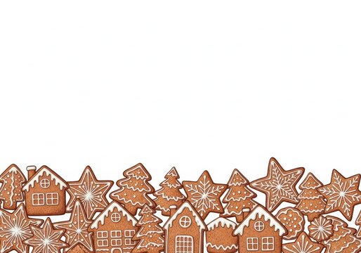 Assortment of festive gingerbread cookies in various shapes like houses and stars, arranged along the bottom edge on a white background