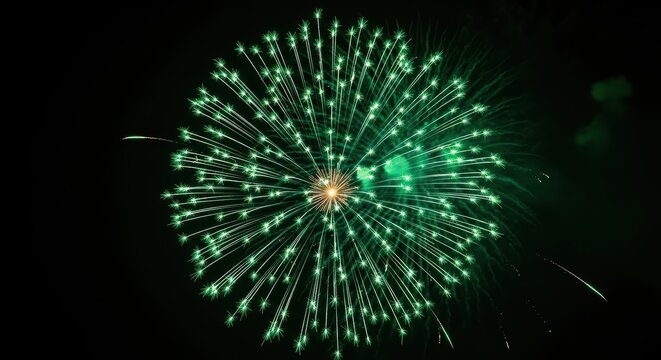 Vibrant green fireworks explosion against night sky
