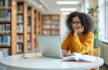 Fototapeta premium Young woman in glasses sits at table in library. She works on laptop smiles while studying. Bookshelves in background book and notebook. Education concept online learning.