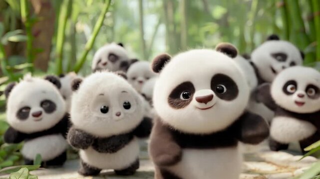 Animated panda family in lush green bamboo forest environment