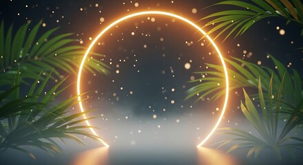 A glowing neon circle surrounded by tropical leaves, creating a vibrant and inviting atmosphere, symbolizing nature, technology, and modern design