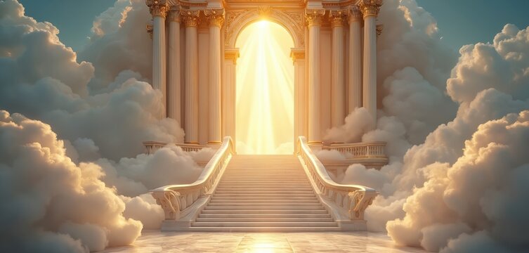 Ornate golden gate and marble staircase leading up to heaven surrounded by clouds and sunbeams. Architecture background with an angelic ethereal theme and spiritual concept. - Powered by Adobe