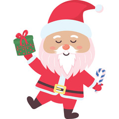 Cute Cartoon Santa Claus Holding a Present and Candy Cane Festive Christmas Character in Red Suit with White Beard and Pink Cheeks Dancing with Closed Eyes