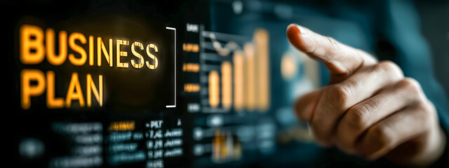 Business plan presentation with digital graphs and analytics display