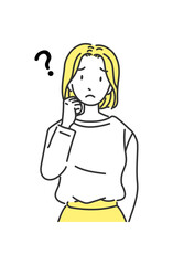 オフィスカジュアルの女性 悩む表情（イエロー）