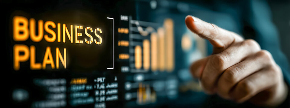 Business plan presentation with digital graphs and analytics display