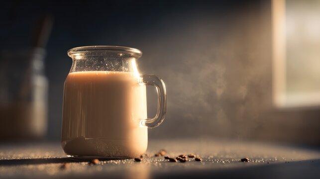Artistic presentation of a latte in a clear glass with coffee beans