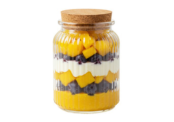 Isolated trifle dessert in a jar with blueberries, mango, and cream for a healthy snack