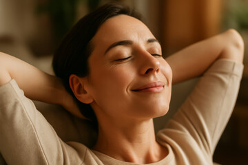 Relaxed woman enjoying a peaceful moment with closed eyes