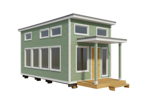 Isolated modern prefabricated small house with porch architectural model exterior view