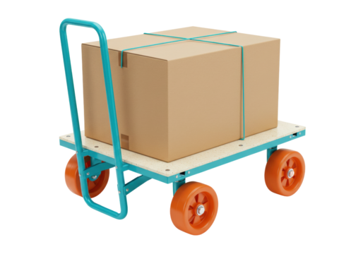Isolated moving platform with cardboard box, transportation equipment for deliveries