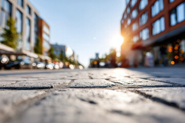 Obraz premium Defocused urban street with sunlight shining for online meeting background