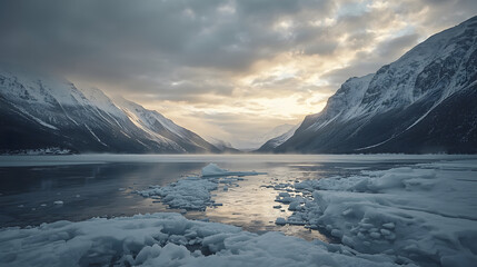 A scenic view of a frozen lake surrounded by snow-covered mountains under a cloudy sky. Ice floats on the water's surface.