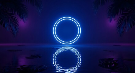A captivating neon circle emits a radiant blue glow, reflected in the still water below, framed by silhouetted palm leaves against a dark backdrop
