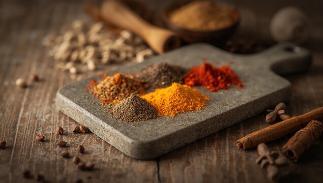 Stone board adorned with assorted spices on a wooden surface, culinary exploration