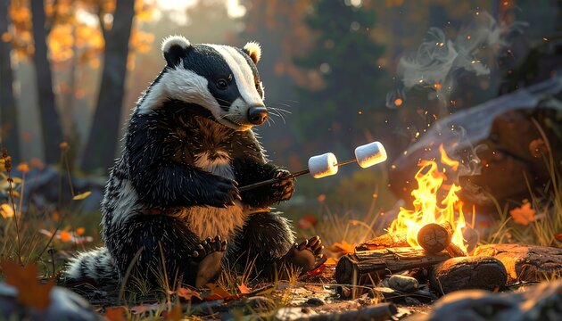 Badger roasting marshmallows over a campfire in an autumn forest. Cozy and whimsical, set in warm light
