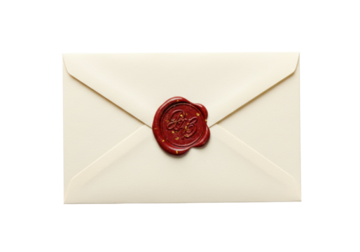 Isolated ivory envelope with wax seal for invitation design, message, and greeting cards