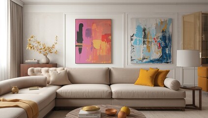 Modern living room featuring artwork and yellow decor, enhancing aesthetic appeal