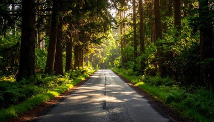 Fototapeta premium Asphalt road cuts through lush green forest, sunlight dappling surface, creating path-like effect amid tall trees
