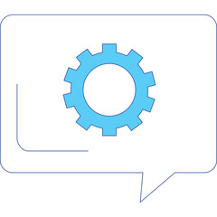 Simple blue cogwheel icon inside a white speech bubble graphic element on a transparent background representing settings or configuration