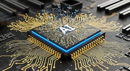 A closeup shot showcasing a sophisticated computer chip with the letters ai emblazoned on it, surrounded by intricate circuits and a blue glow