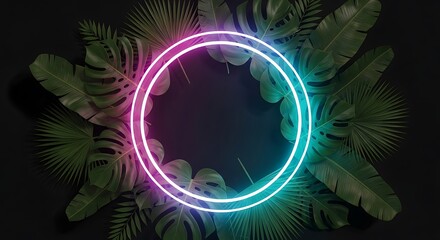A vibrant neon circle, casting a pink and blue glow, is surrounded by lush tropical leaves against a dark background, creating a captivating scene