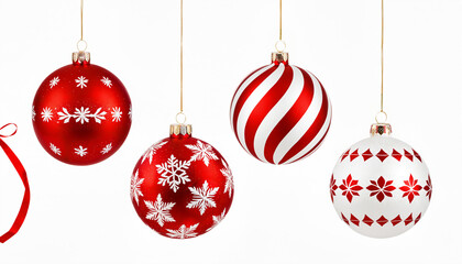 collection of red and white patterned christmas ornaments with snowflakes and stripes hanging
