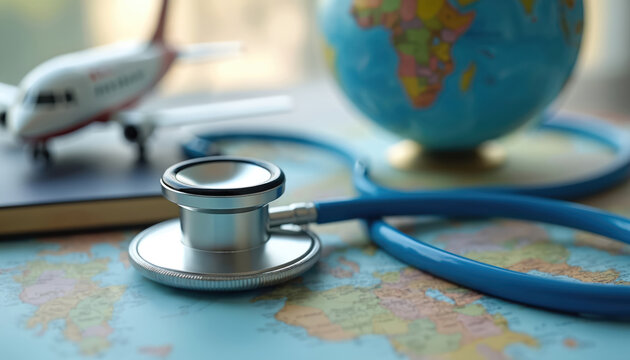 Stethoscope rests on world map near airplane model and globe. Concept of global health and travel insurance protection. Medical care for international journeys.