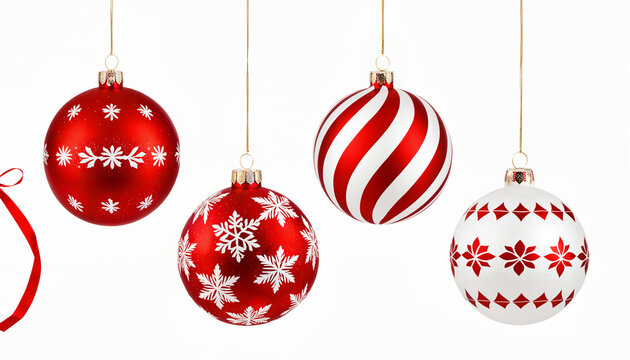 collection of red and white patterned christmas ornaments with snowflakes and stripes hanging