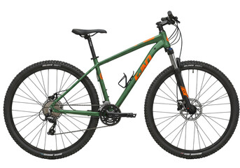 Isolated mountain bike with green frame is ready to ride in outdoor environment for exercise