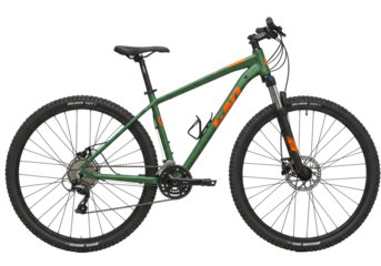 Isolated mountain bike with green frame is ready to ride in outdoor environment for exercise