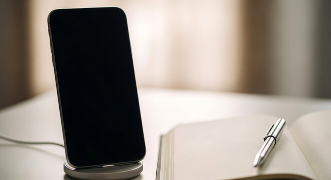 Smartphone on wireless charger with notebook