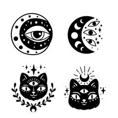 Mystical boho celestial set, Vector illustration. Flower moon, Eye, Hand drawn logo, line art, Halloween