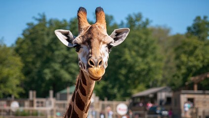 Naklejka premium A Giraffe in a Zoo Enclosure, Observing Its Surroundings