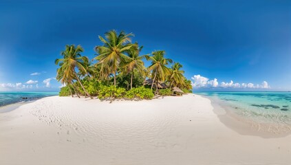 View of a tropical island featuring coconut palm trees on a sandy beach, ideal for relaxation and leisure