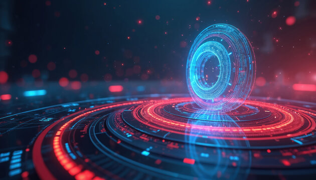 Futuristic HUD interface with spinning blue and red digital circles. Glowing lines and dots create a tech atmosphere. Data analysis and global network connections visualized.