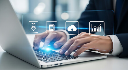 Business person typing on laptop with data security, document management, cloud computing, and business growth icons overlaid.