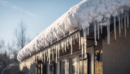 Snow and ice accumulate on the rooftop, seasonal change