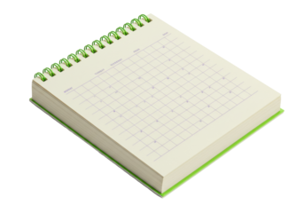 Isolated desk calendar, planning agenda, blank page for notes, green spring binding, office