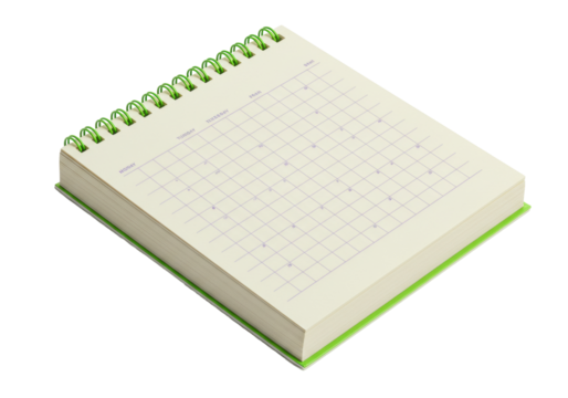 Isolated desk calendar, planning agenda, blank page for notes, green spring binding, office