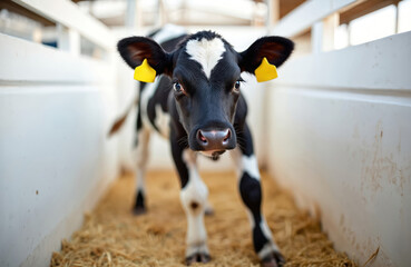 Young black and white calf stands in straw filled stall on a farm. It looks directly at the camera with yellow ear tags. Growing animal ready for milk production. Newborn mammal.