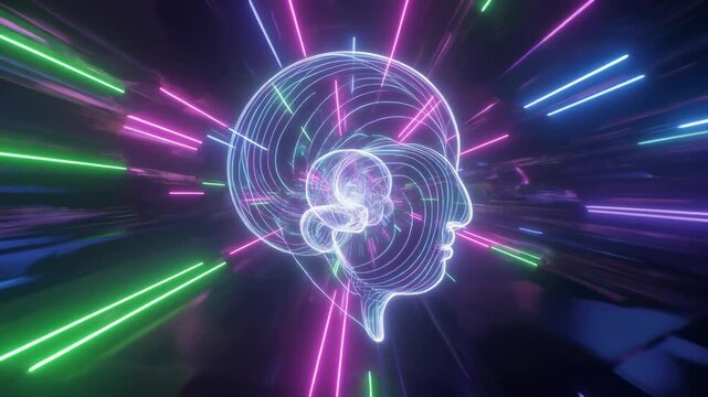 Vibrant neon brain outline glowing with energetic light trails, symbolizing artificial intelligence, data processing, and cognitive computing in a futuristic technological concept - Powered by Adobe