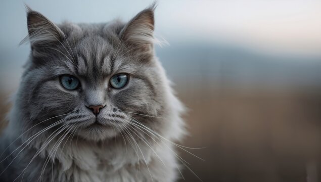 Close-up of an older gray cat with striking blue eyes, showcasing its features, suitable for editorial header background