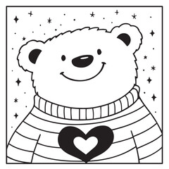 Cute Bear in Cozy Sweater Coloring Page. A smiling bear with a heart sweater surrounded by stars in a simple black-and-white line art style.