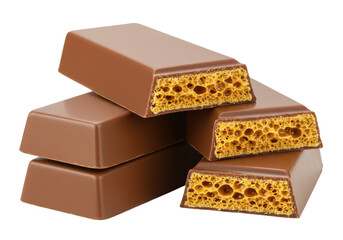 Isolated pieces of sponge candy or honeycomb chocolate, stacked in a delicious dessert heap