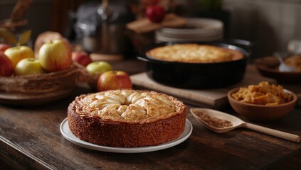 Homemade cake, baking apple pie in kitchen setting, fiber-dense choice, Thanksgiving